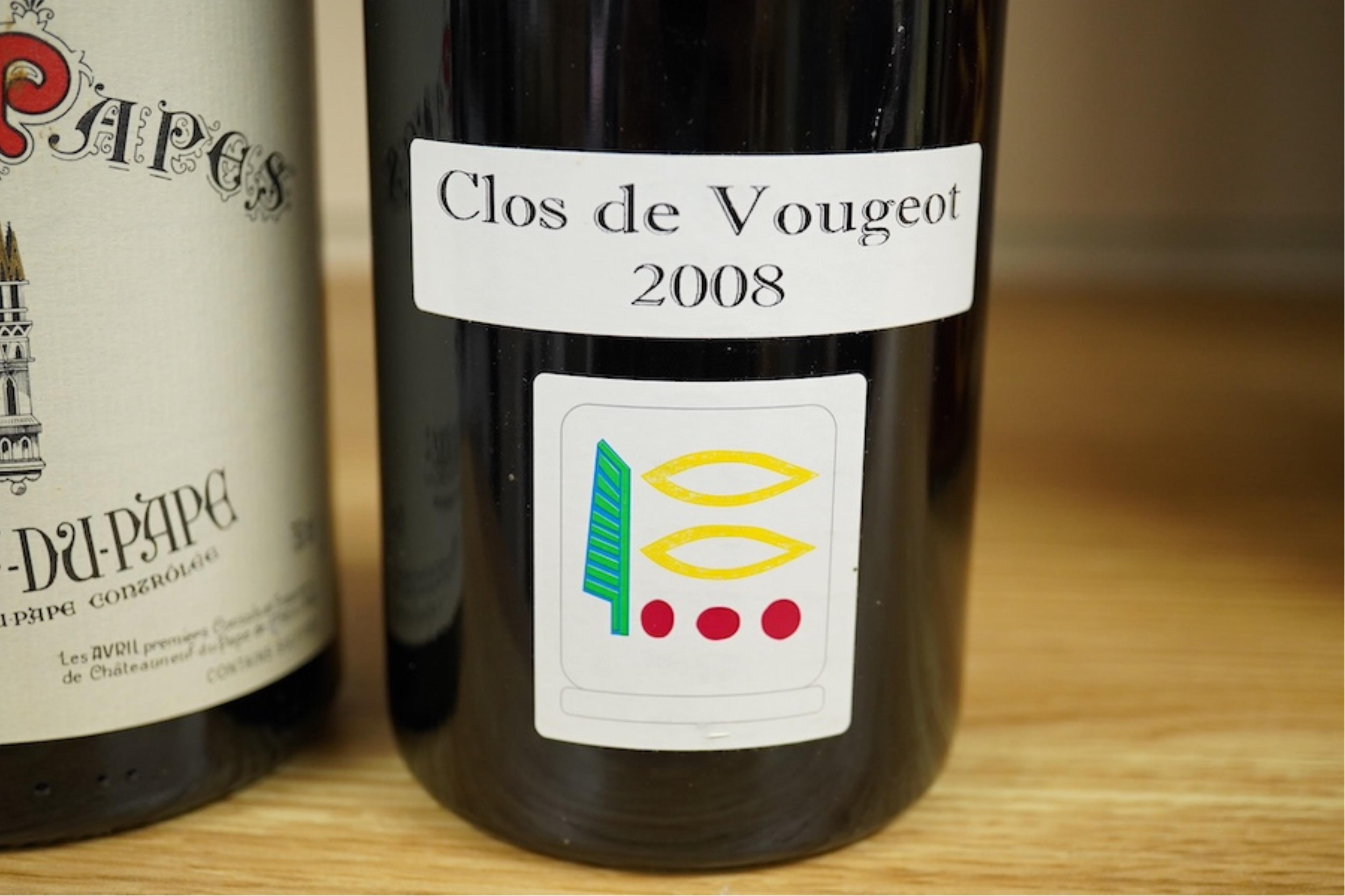 A bottle of Clos de Vougeot, 2008 Grand Cru, Domaine Prieure Roch, Premeaux-Prissey (2239 bouteilles) together with a Clos des Papes Chateauneuf du Pape 2003, Paul Avril (2). Condition - good, both well cellared